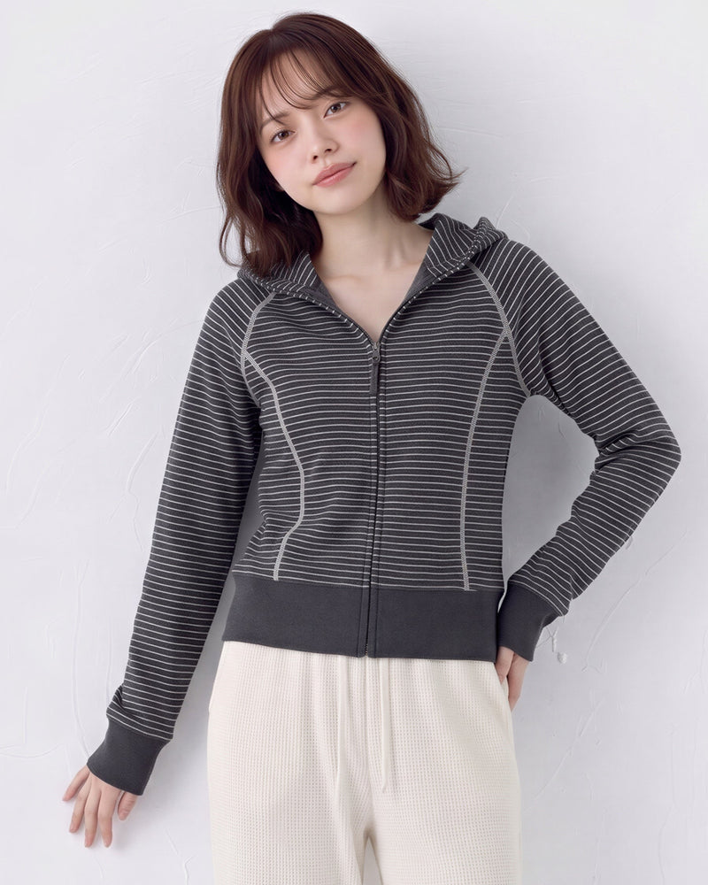 ボーダー柄フード付き切り替えスウェット-ブラック-XL