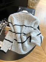 S~XL ラウンドネック ボーダーニットカーディガン