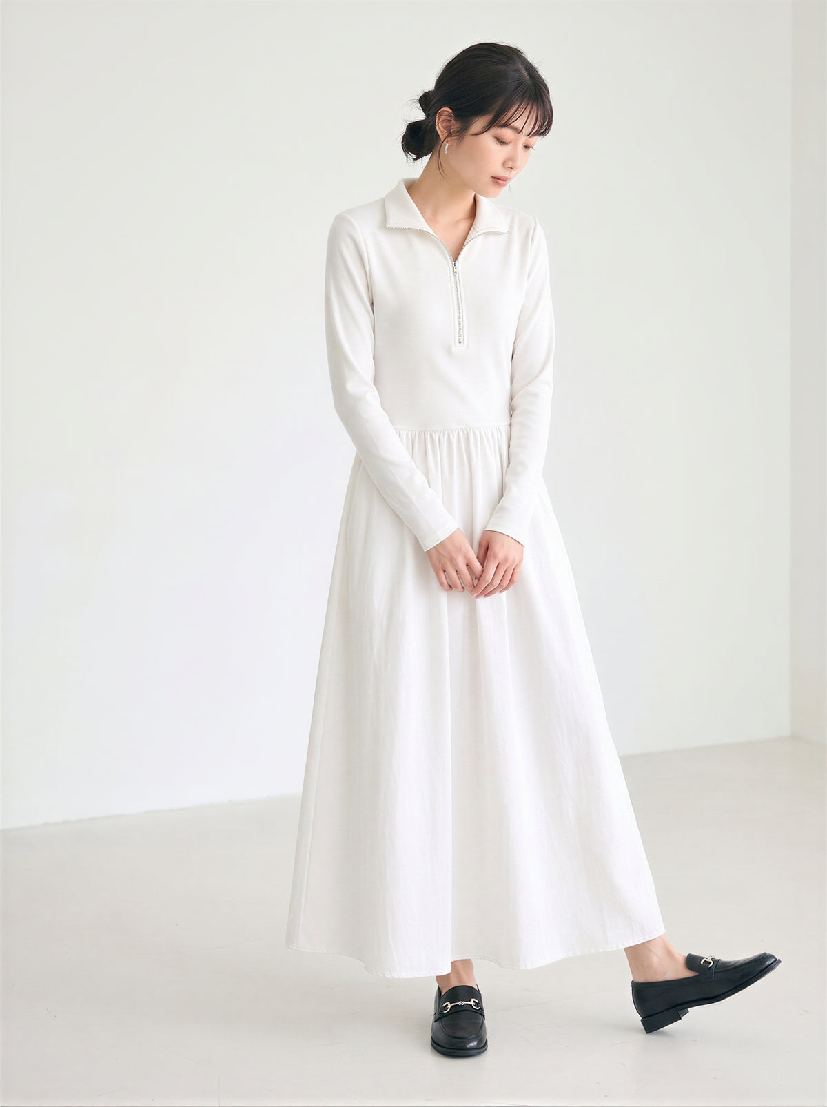 【秋新作】【全2色】S~XL ウエストシェイプ ハーフジップ ボリュームフレア ポロカラーワンピース