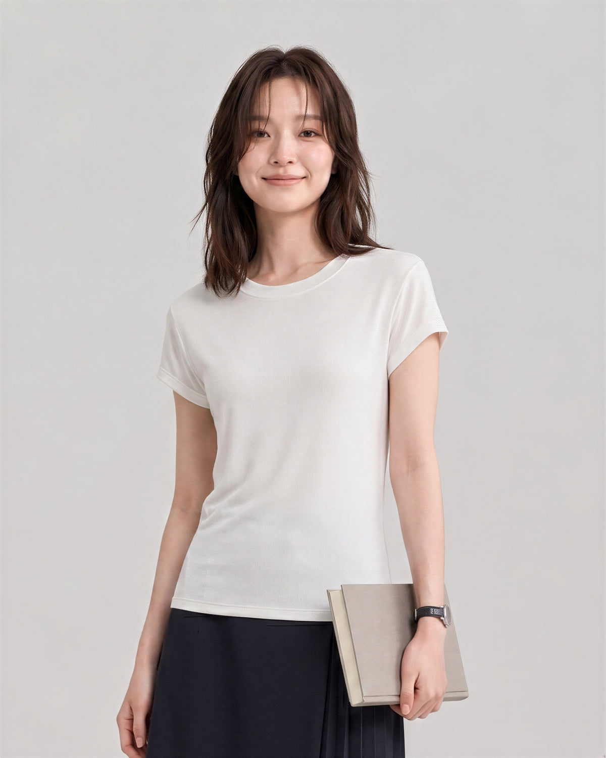 レディース テンセル クルーネック 半袖Tシャツ ベーシック 細身 カジュアル