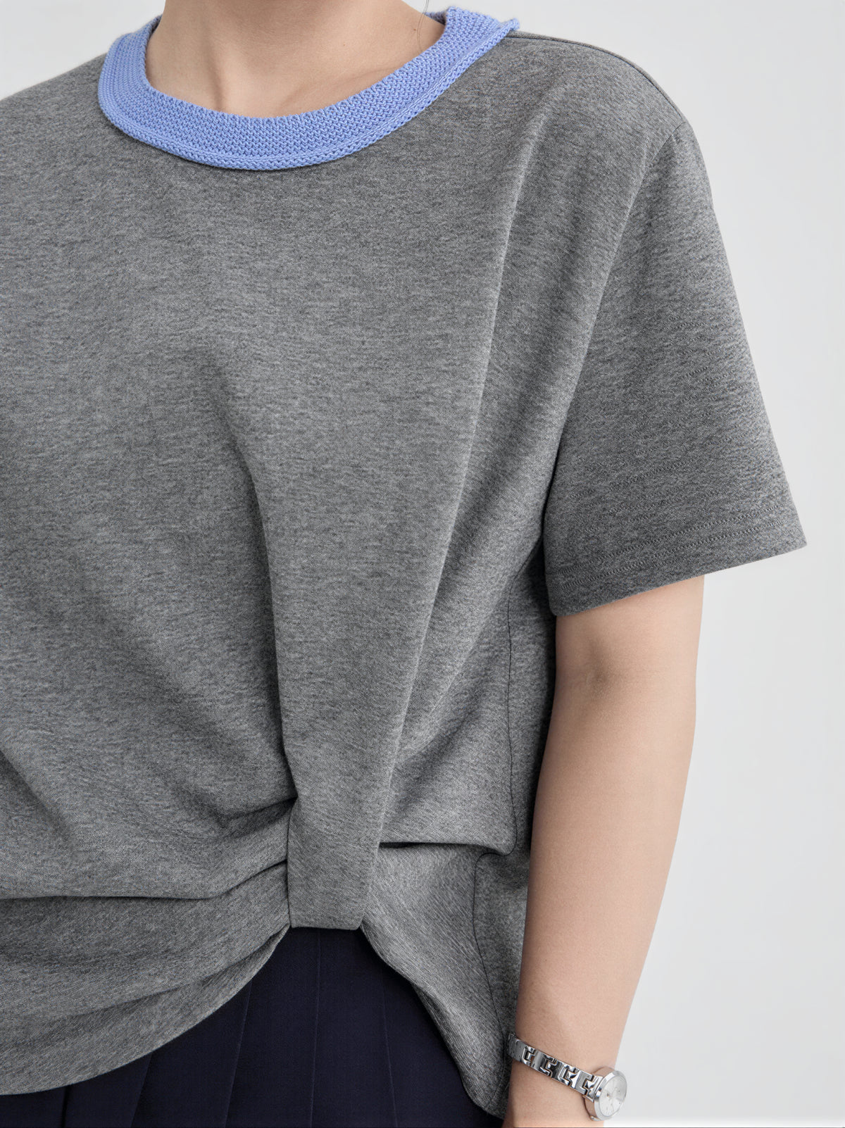 配色クルーネック サイドツイスト 半袖Tシャツ
