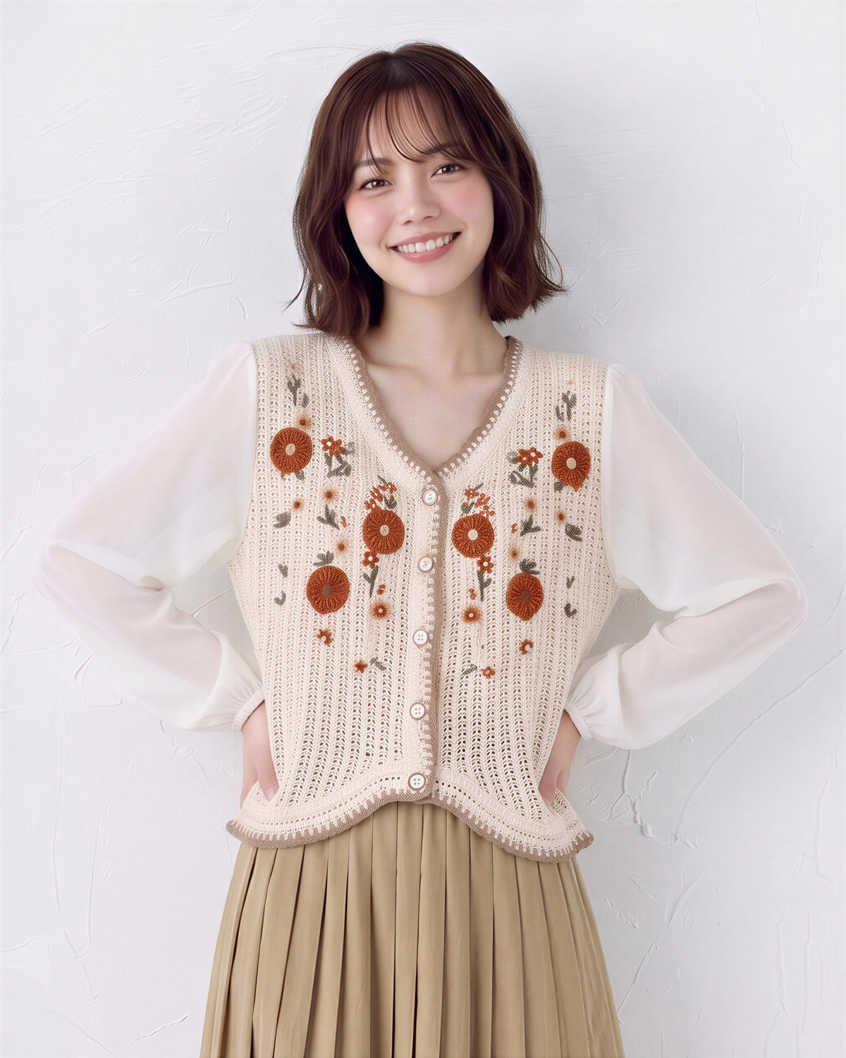 花刺繍入り スカラップヘム ニットカーディガン