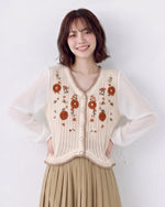 花刺繍入り スカラップヘム ニットカーディガン