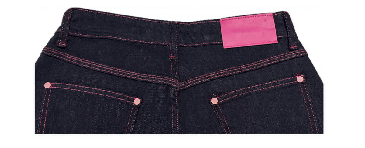 S~XL ハイウエスト 配色ステッチ ワイドデニムパンツ