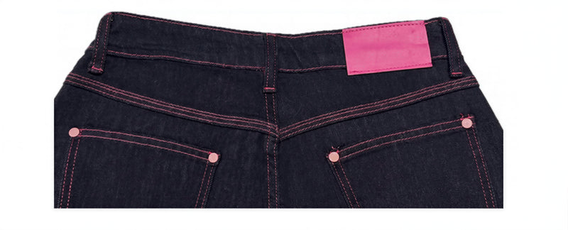 S~XL ハイウエスト 配色ステッチ ワイドデニムパンツ