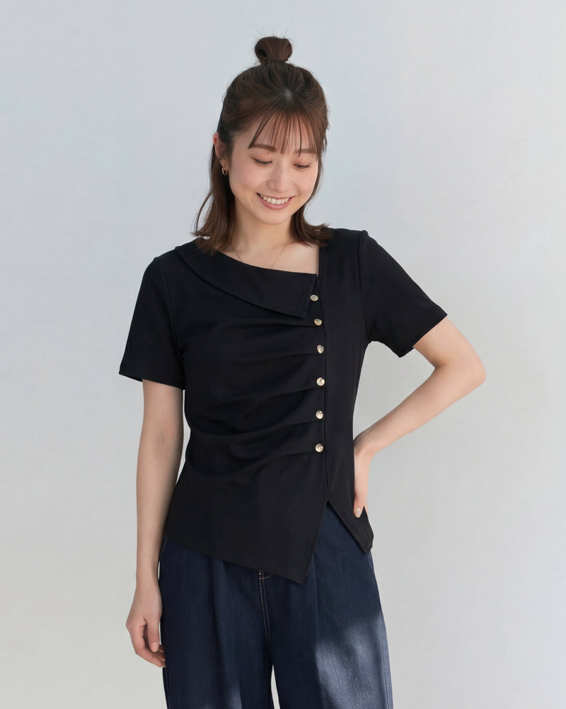 斜め前立てタック入り アシンメトリーヘム 半袖Tシャツ