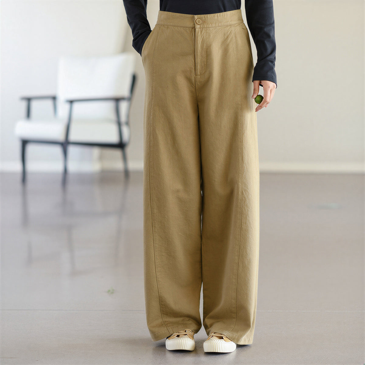 ハイウエスト ドレープ ワイドレッグパンツ-ライトブラウン-2XL