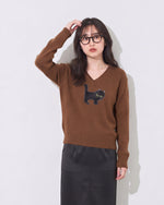 【全2色】S~XL Vネック 透かし縁取り 猫モチーフ ニットトップス
