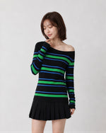 S~XL オフショルダーボーダースリムTシャツ