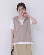 フード付きVネック スリット入りフェイクレイヤードTシャツ-オートミール-3XL