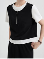 配色切り替えファスナー付きフェイクレイヤード半袖Tシャツ