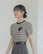 黒×白 細ボーダー ハートワッペン パフスリーブ 半袖Tシャツ