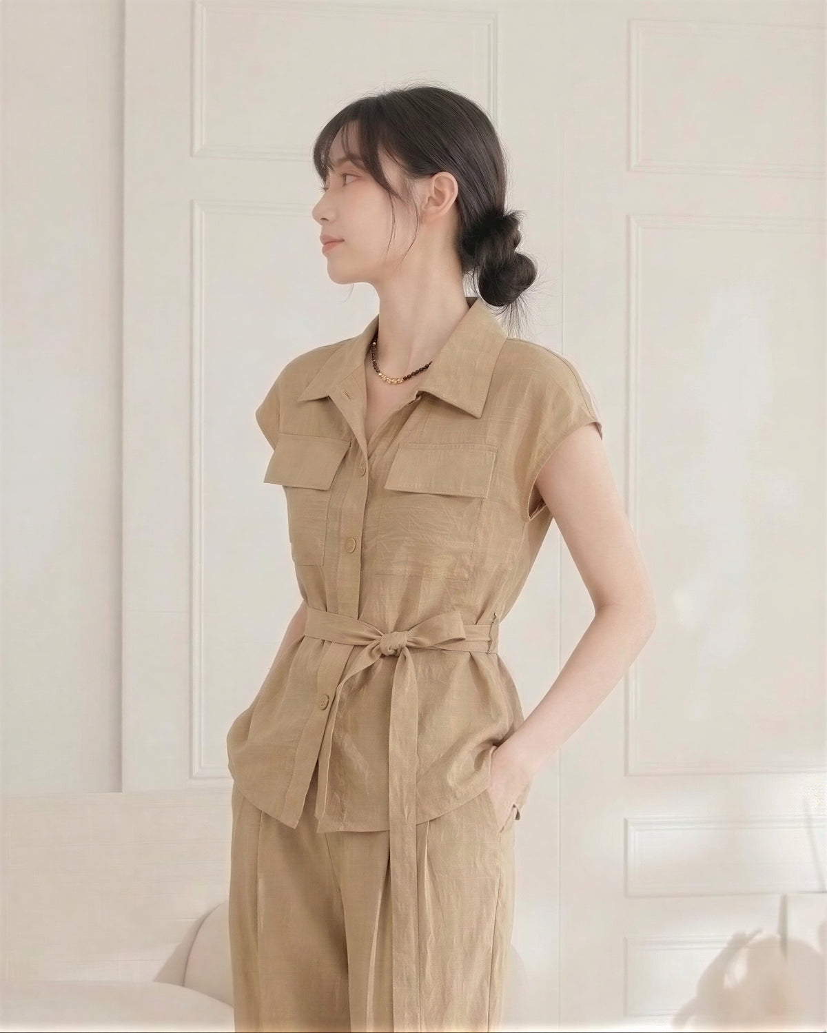 襟付き ダブルポケット ウエストリボン ノースリーブシャツ