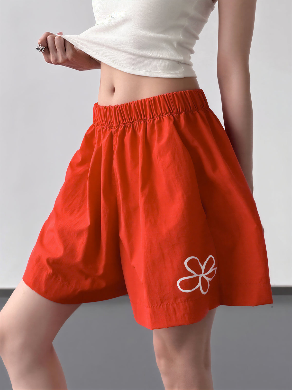 S-2XL ウエストゴム ハイウエスト 花柄プリント ワイドショートパンツ