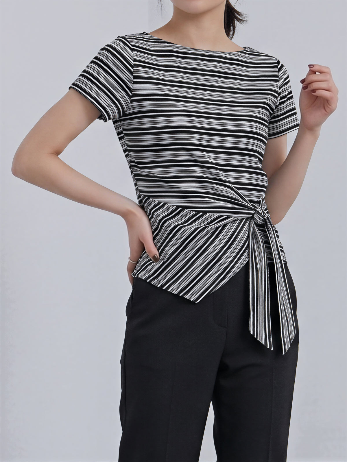 ストライプ ウエストリボン アシンメトリー 半袖Tシャツ