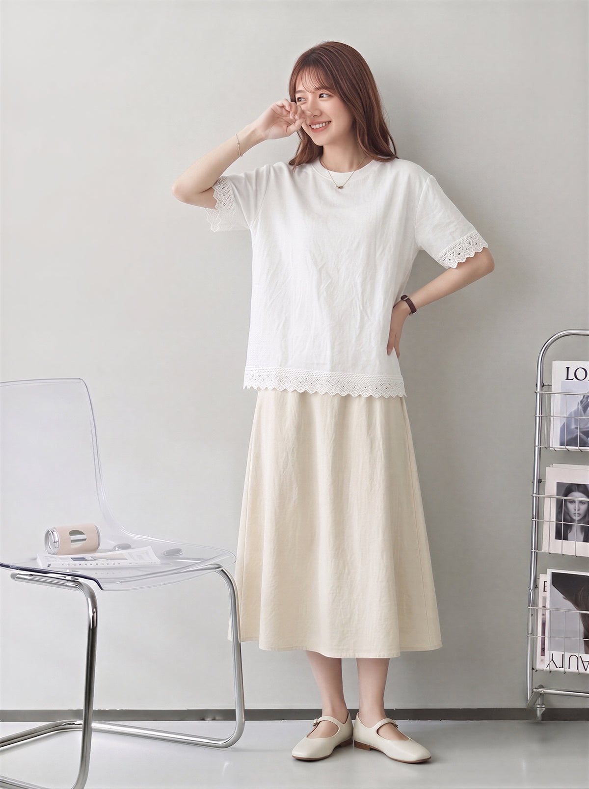 M-2XL カットワークレース ラウンドネック 半袖Tシャツ