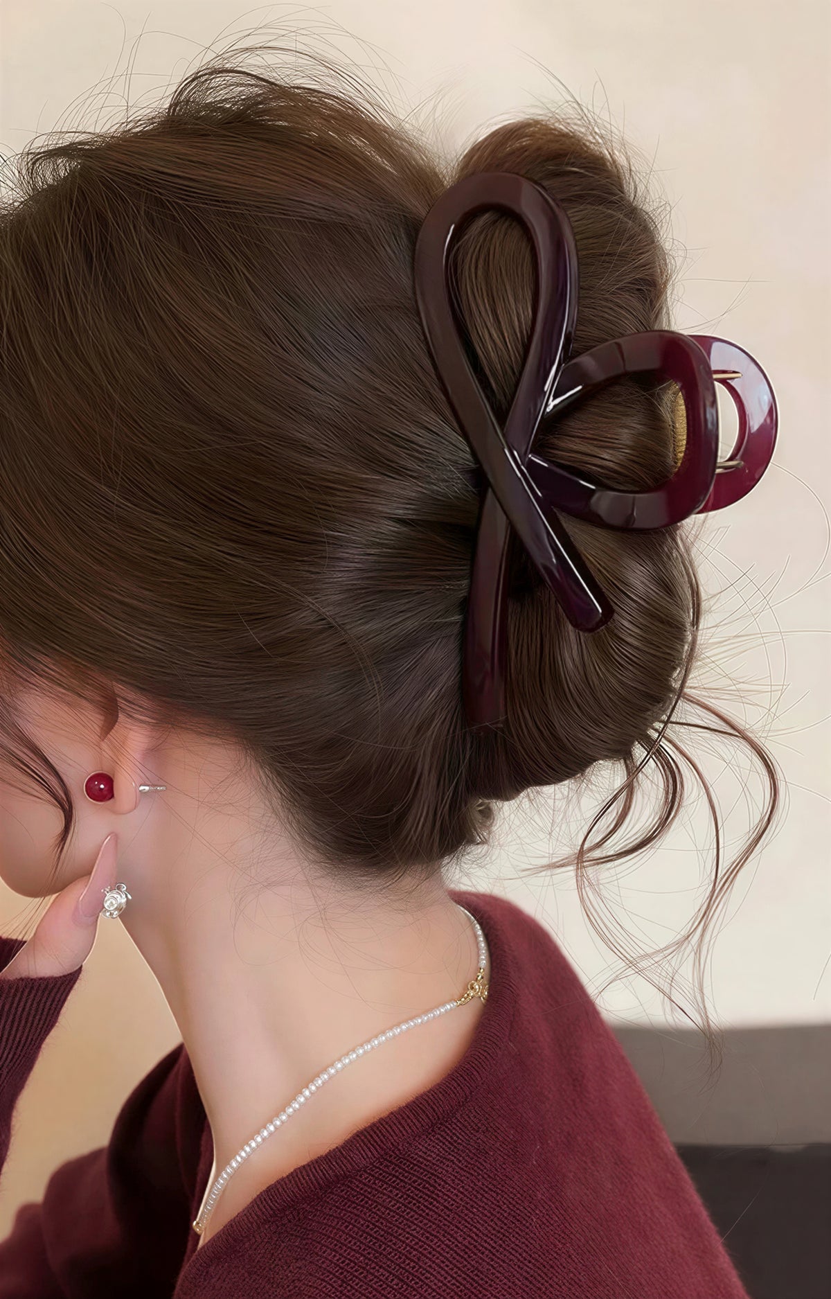 大きめリボンデザインのシンプルヘアクリップ-ワイン 13cm-小号