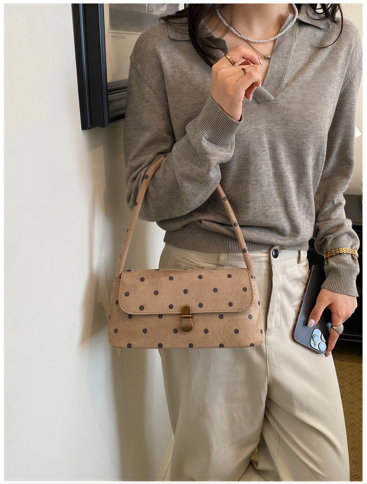 ドット柄フラップ レトロバゲットショルダーバッグ