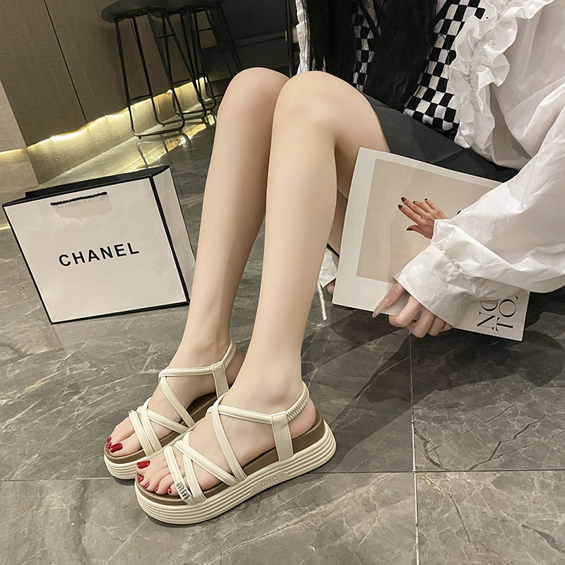 クロス細ストラップ ゴム入りバックストラップ 厚底 レディース オープントゥ厚底サンダル