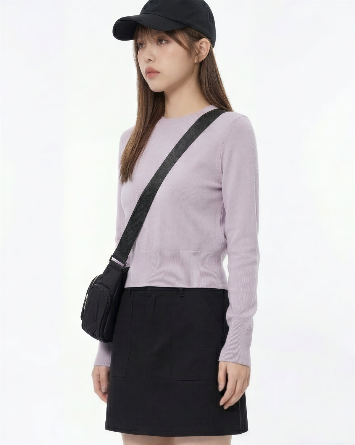 ショート丈 ウエストシェイプ ハイウエスト見え すっきりフィット クルーネック 長袖Tシャツ