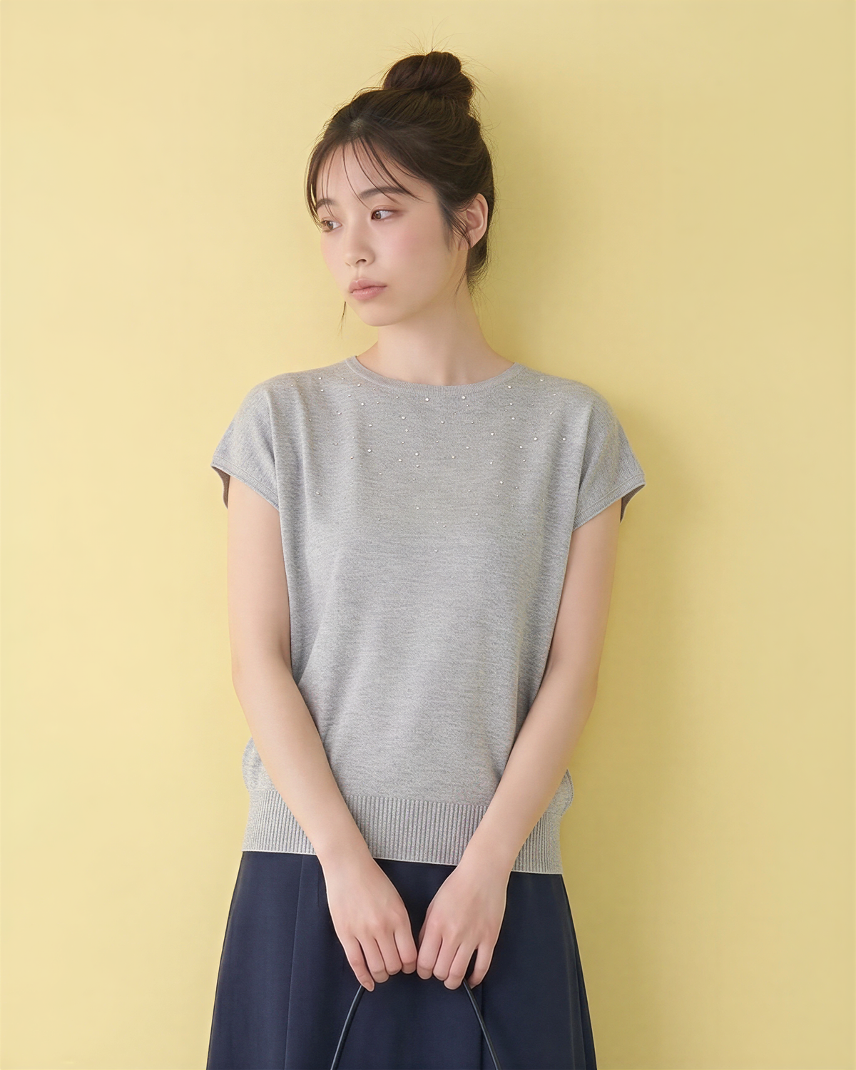 小さめラウンドネック ラメ調ジャカード ドルマンスリーブ ニット半袖Tシャツ