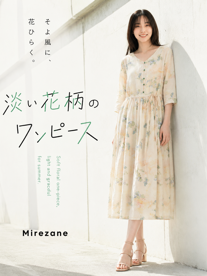 ライトイエロー 花柄 ウエストマーク フレアロングワンピース