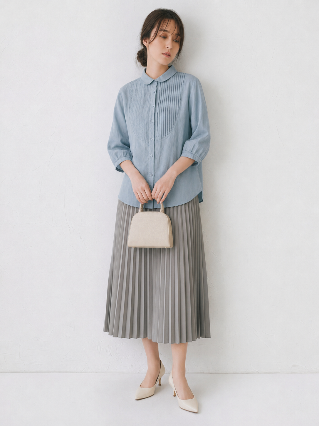七分袖ラミー麻シャツフランス琴プリーツ文芸レトロゆったり綿麻トップス