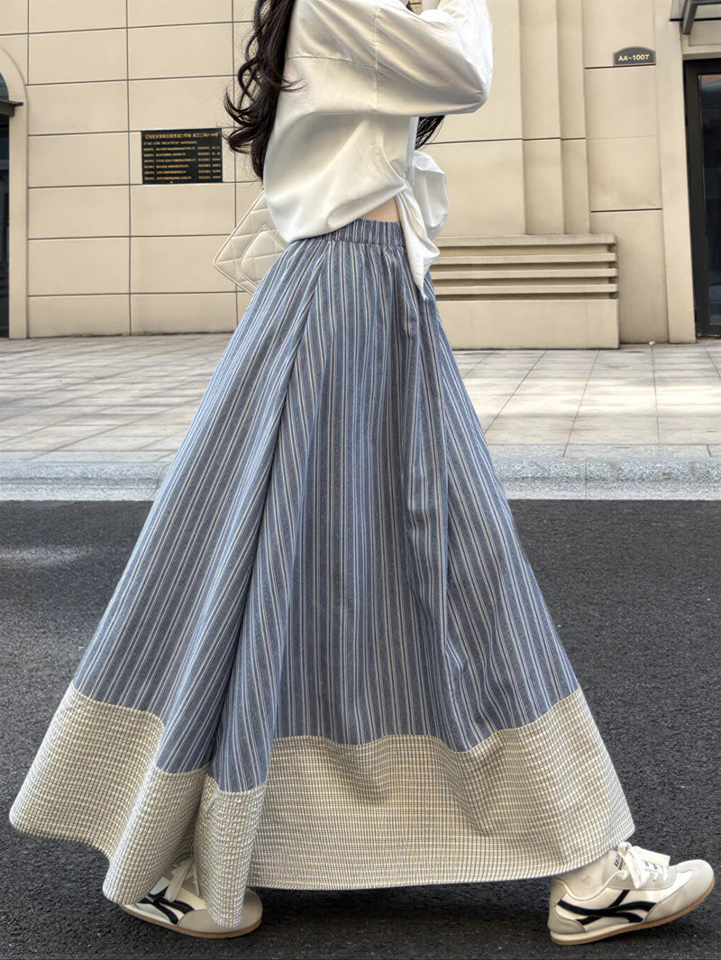 縦ストライプ 切替 配色パイピング Aラインフレアスカート