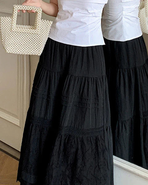 ウエストゴム ハイウエスト 切替レイヤード 刺繍 ミモレ丈 Aライン ティアードスカート