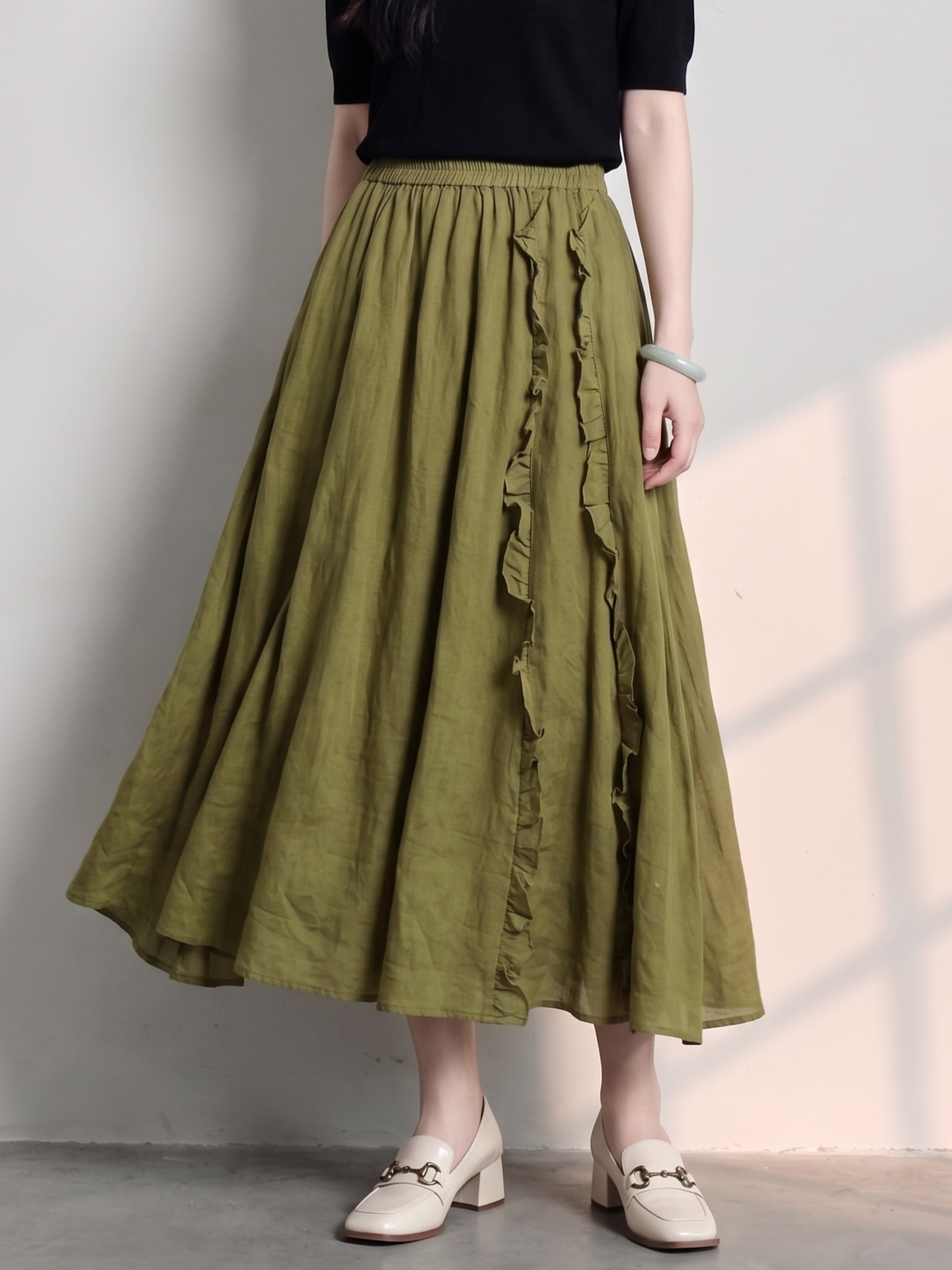 ハイウエスト ウエストゴム フリル Aライン スカート