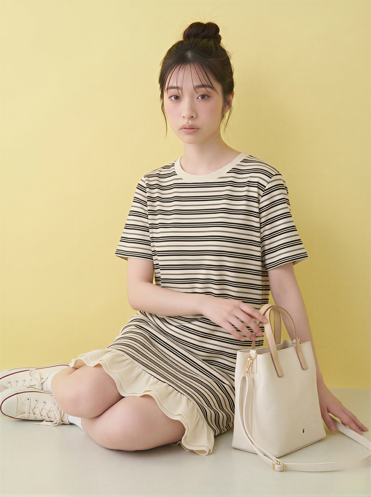 細ボーダー切り替えフリルヘムTシャツワンピース
