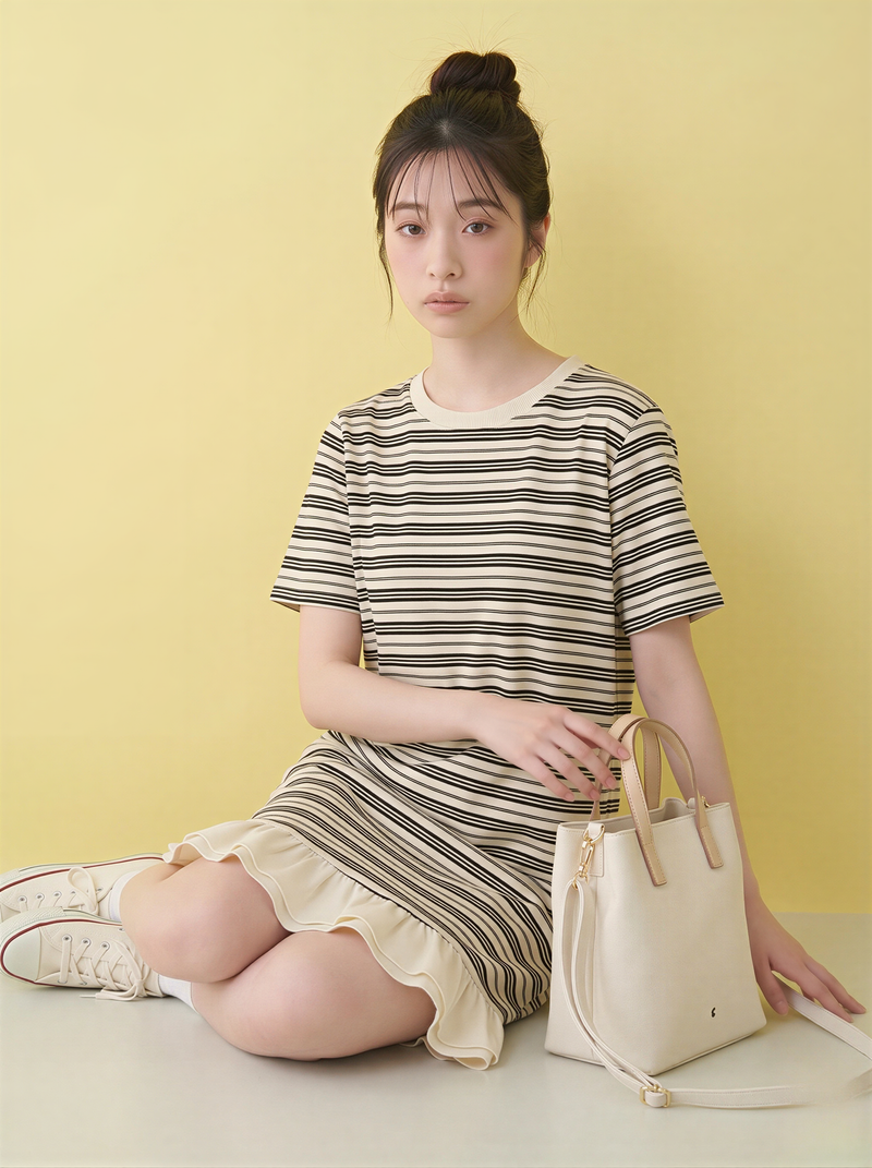 細ボーダー切り替えフリルヘムTシャツワンピース