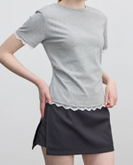 バックオープン リボン結び レース切替 クルーネック 半袖Tシャツ