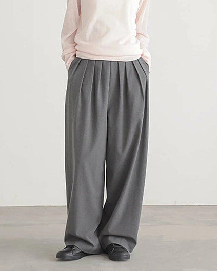 春夏の薄手  ハイウエスト タック入り 落ち感ワイドパンツ