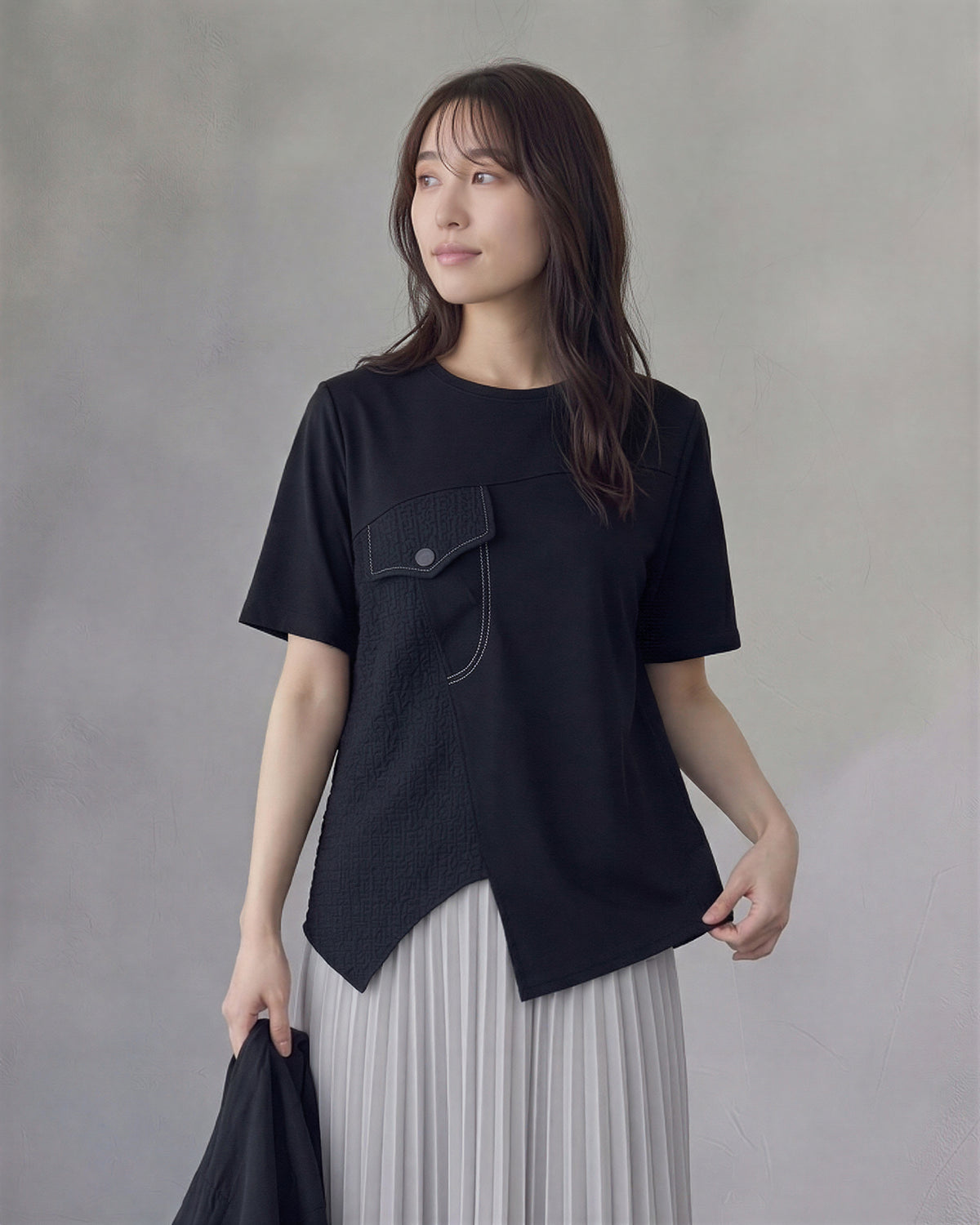 アシンメトリー切替 立体ポケット 半袖Tシャツ-ブラック-2XL