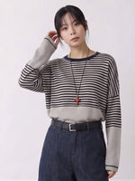 ゆったりドロップショルダー・ブラック×ホワイトボーダー・切り替え長袖ニット