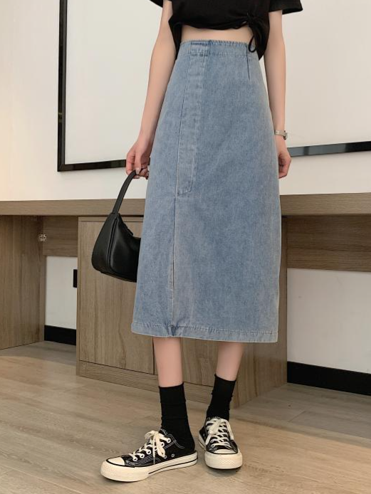 ハイウエスト スリット入り ストレート デニムスカート