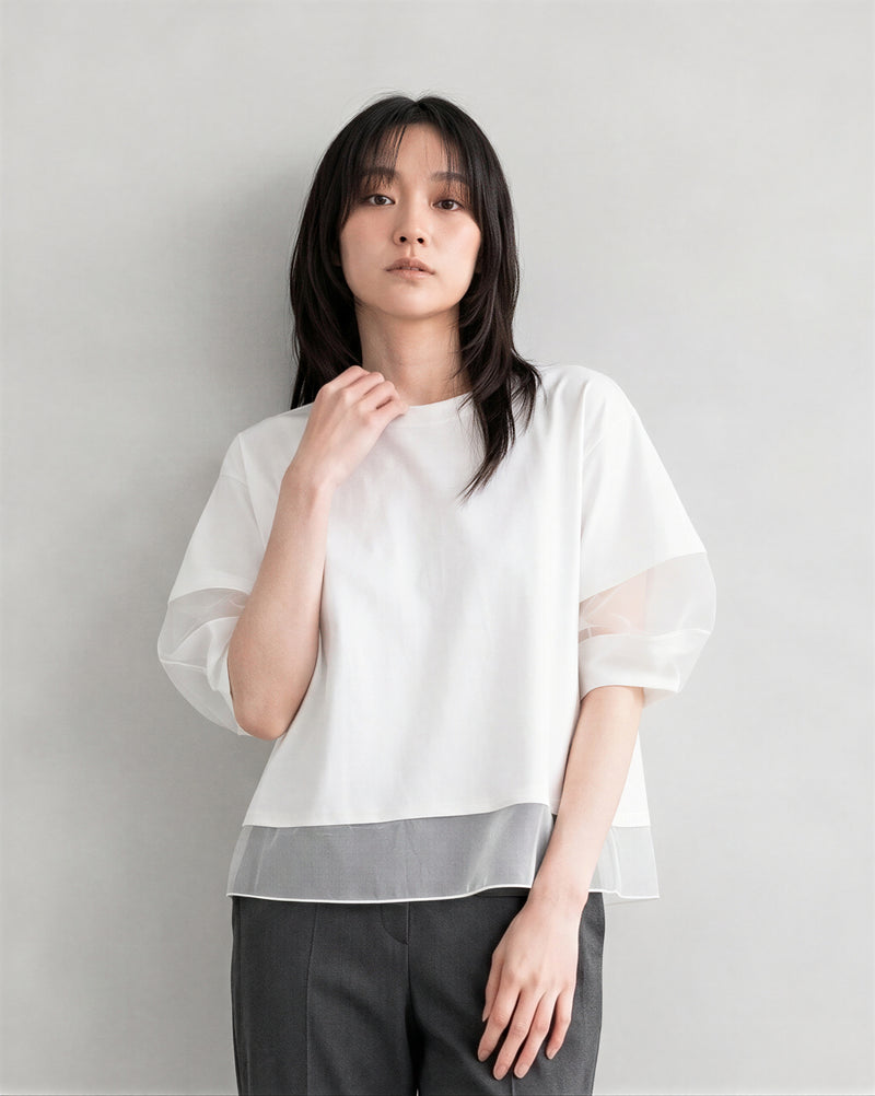 オーガンジー切り替えパフスリーブTシャツ