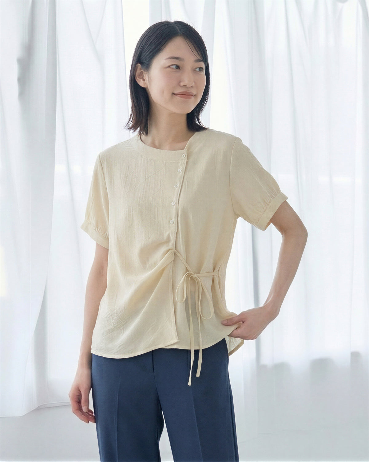 アシンメトリー前立て ドロストウエスト 半袖シャツ