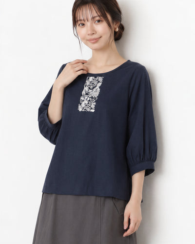 刺繍切り替えバルーンスリーブTシャツ
