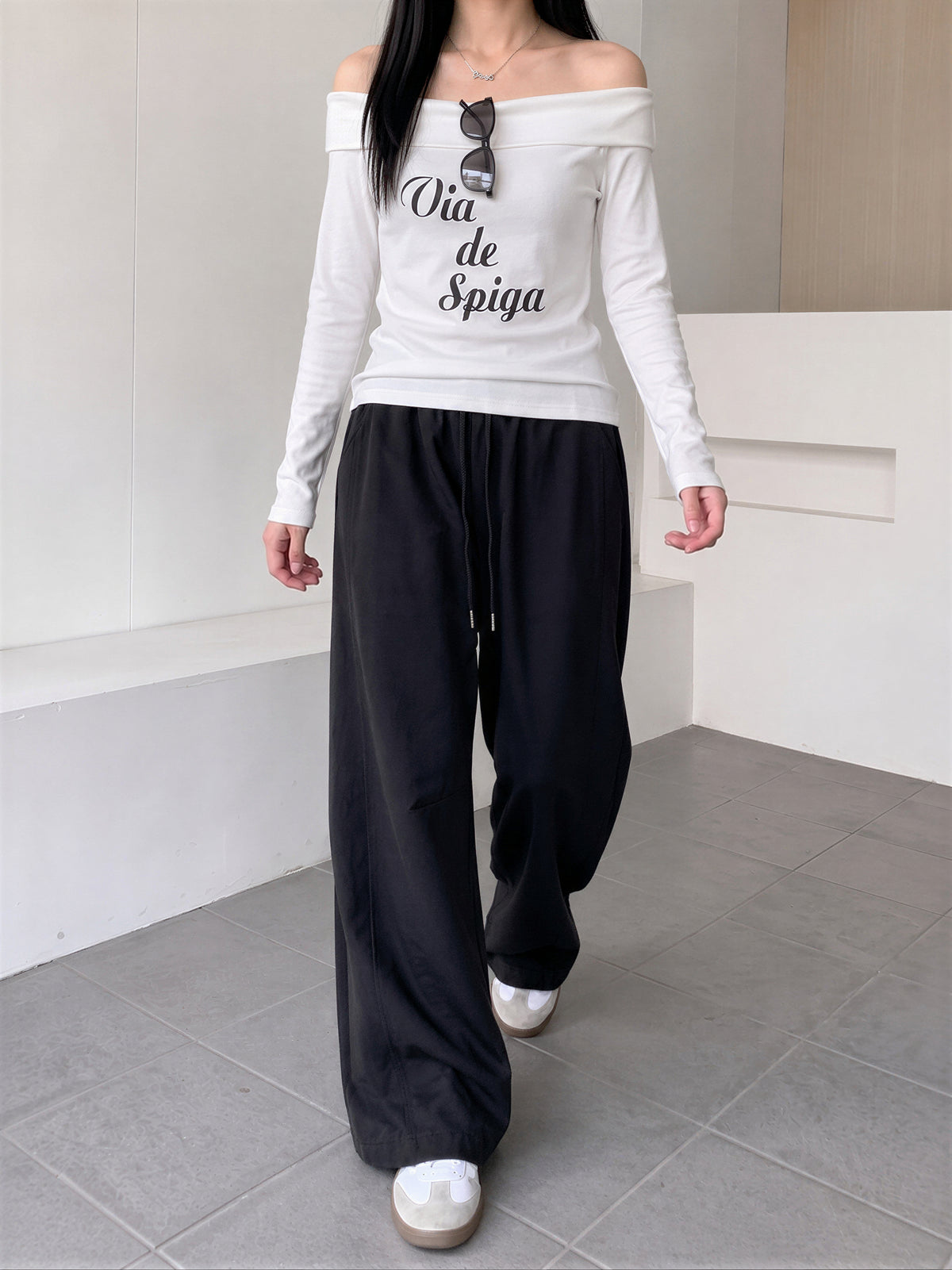 【全4色】M~XL ハイウエスト ドローストリング 裾だまりワイドパンツ