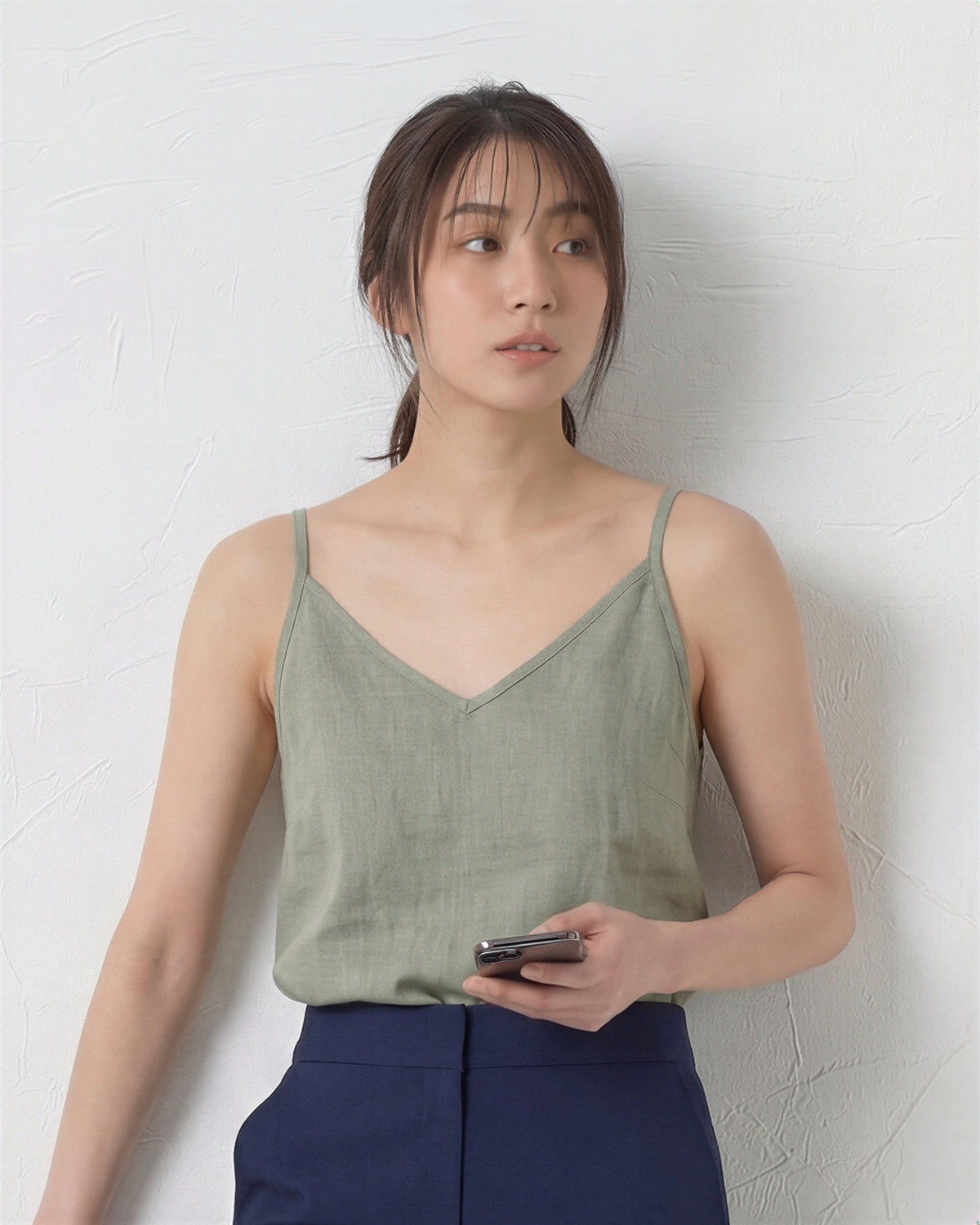 Vネック 華奢ストラップ ゆったりキャミソール-カーキ-2XL