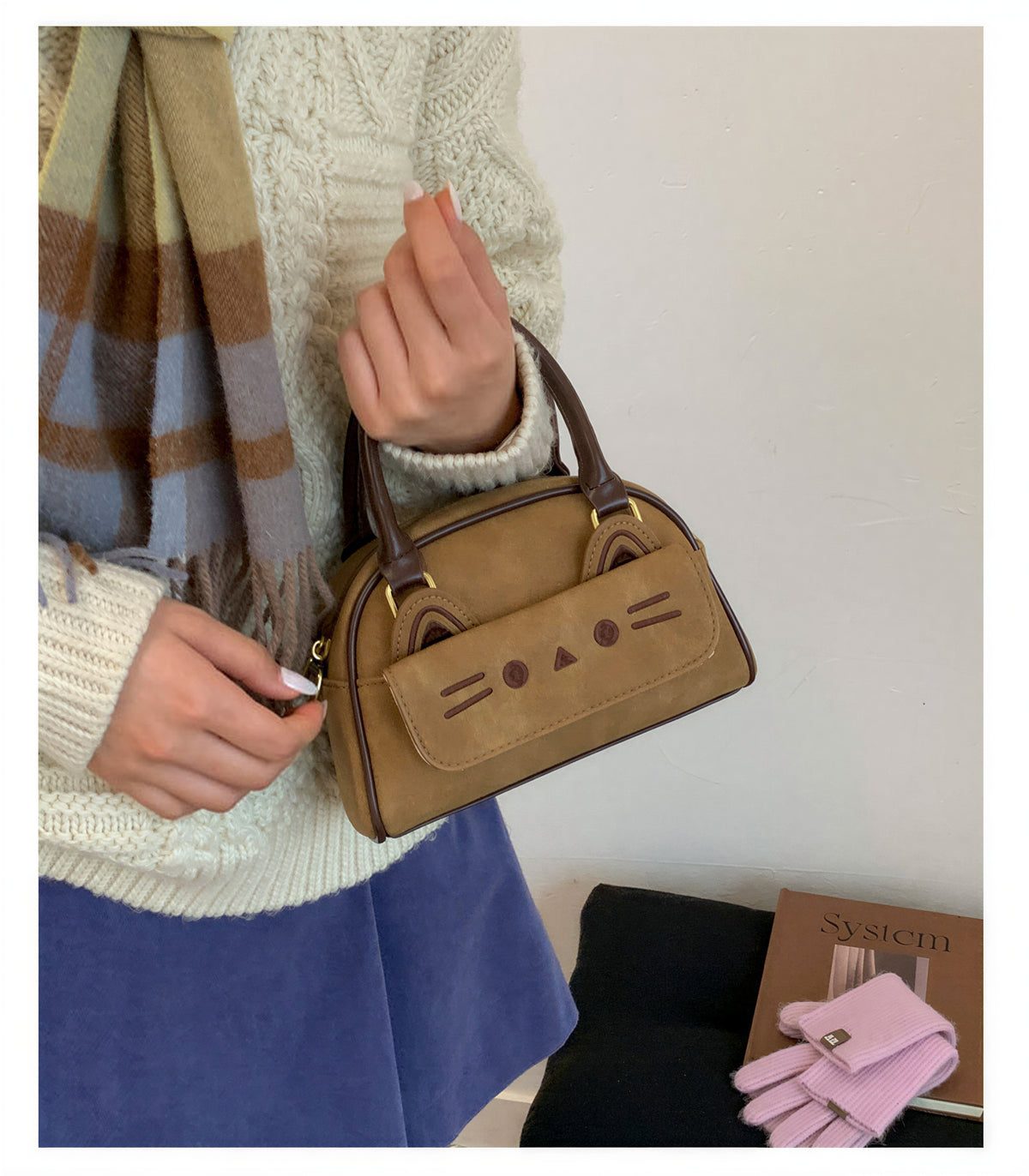立体猫モチーフポケット付き ダブルハンドル ミニハンド・ショルダーバッグ