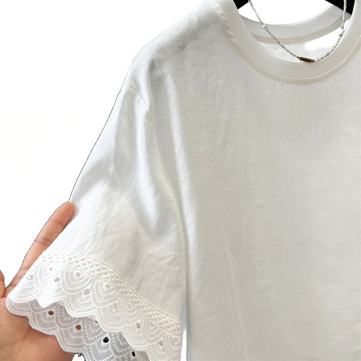 M-2XL カットワークレース ラウンドネック 半袖Tシャツ
