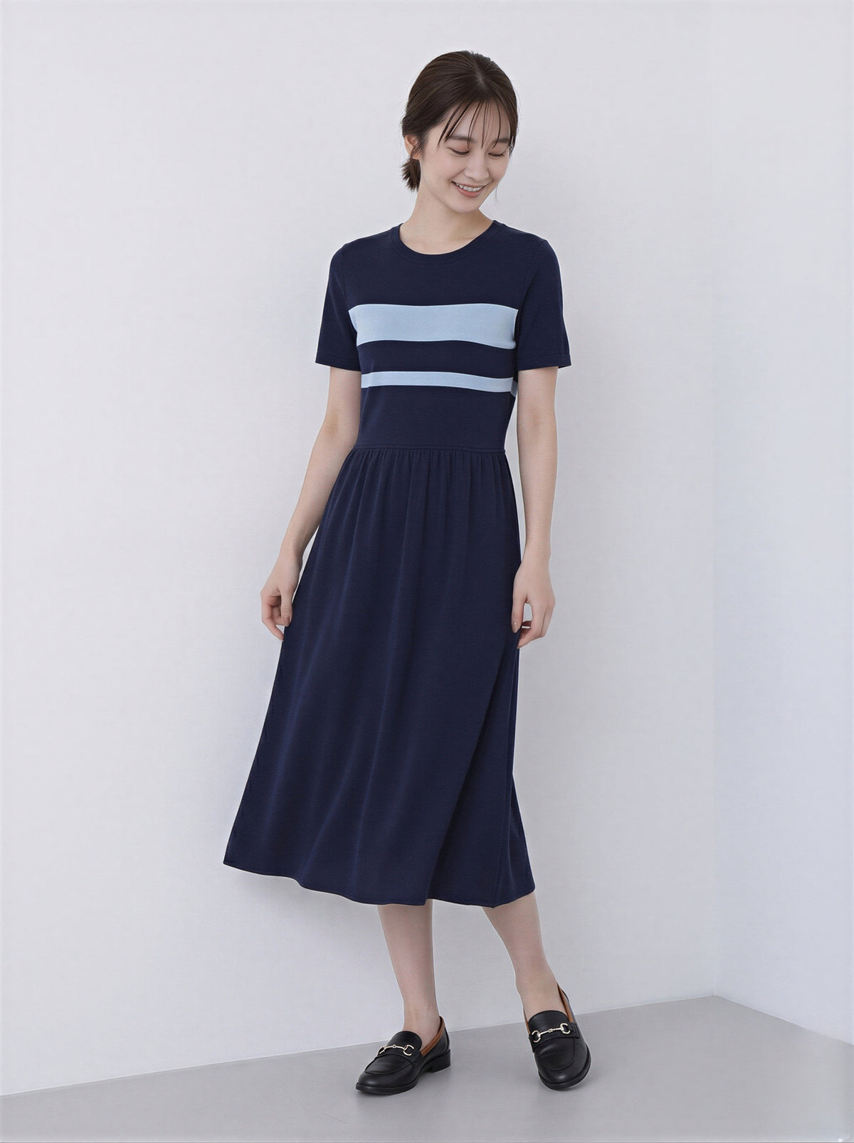 配色ボーダー ウエストマーク 半袖ワンピース-ダークブルー-2XL