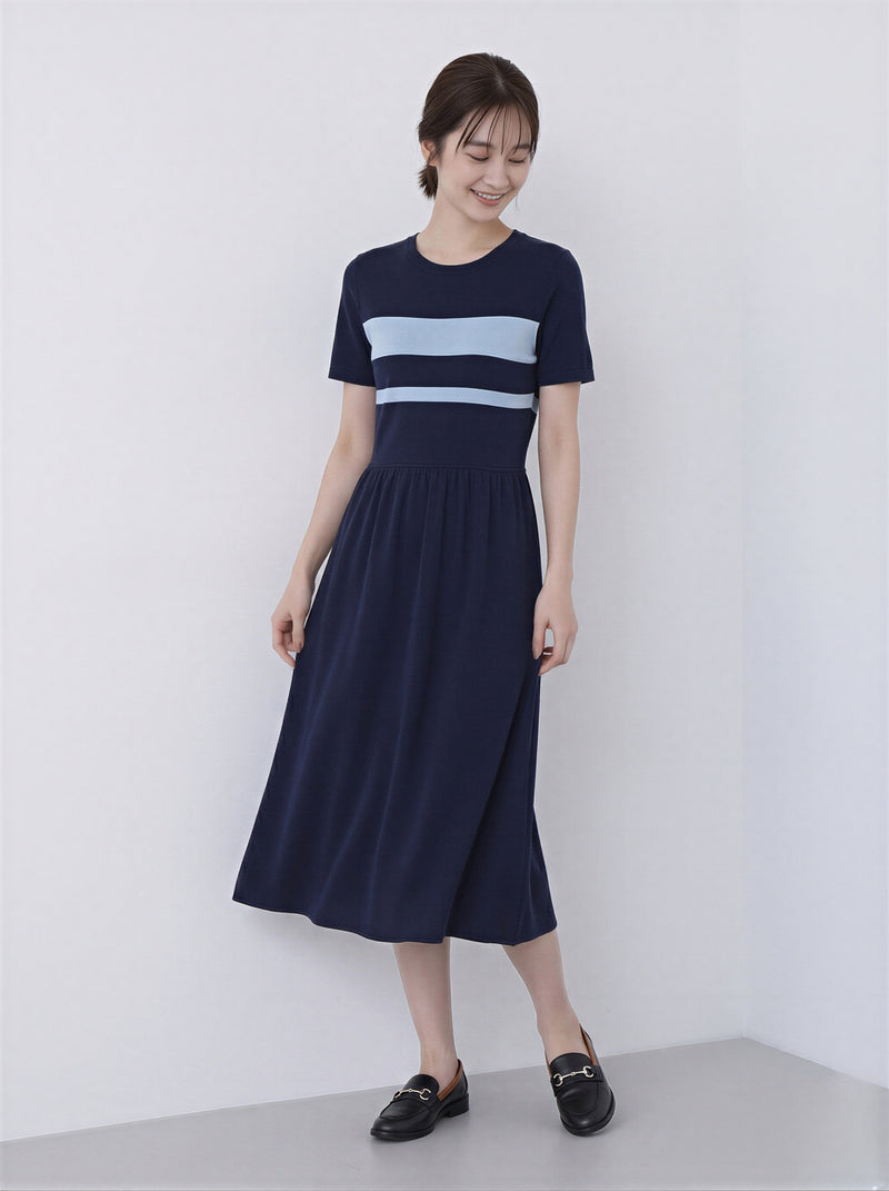 配色ボーダー ウエストマーク 半袖ワンピース-ダークブルー-2XL