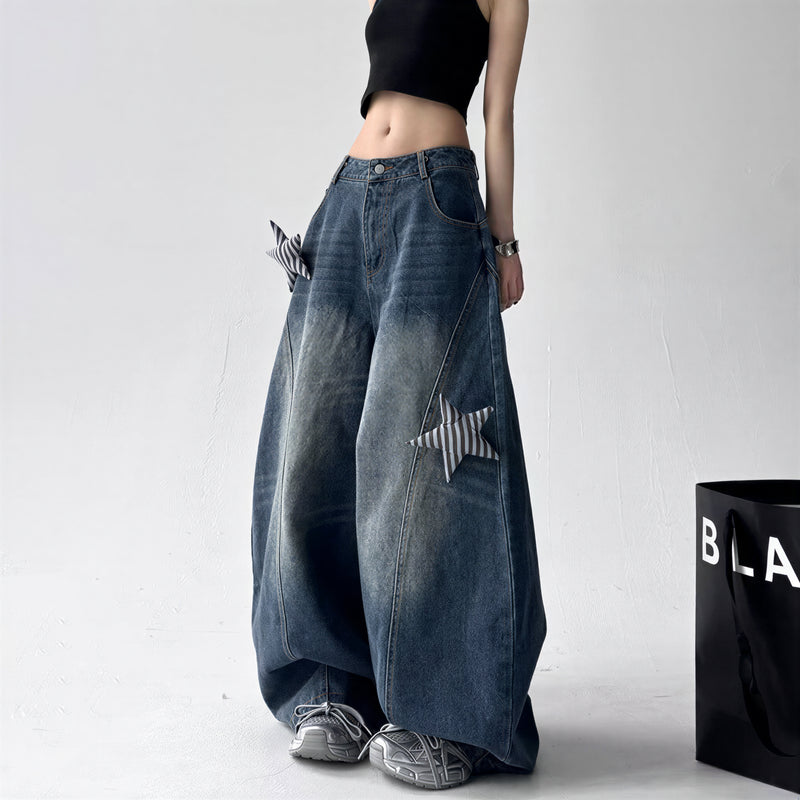S-3XL ヴィンテージウォッシュ スターパッチ デニムパンツ