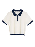 配色POLO襟ショート丈ニットトップス
