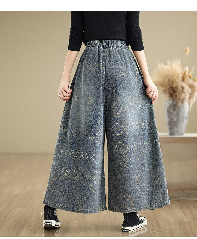 ウエストゴム ハイウエスト ビッグポケット 総柄デニム ワイドパンツ