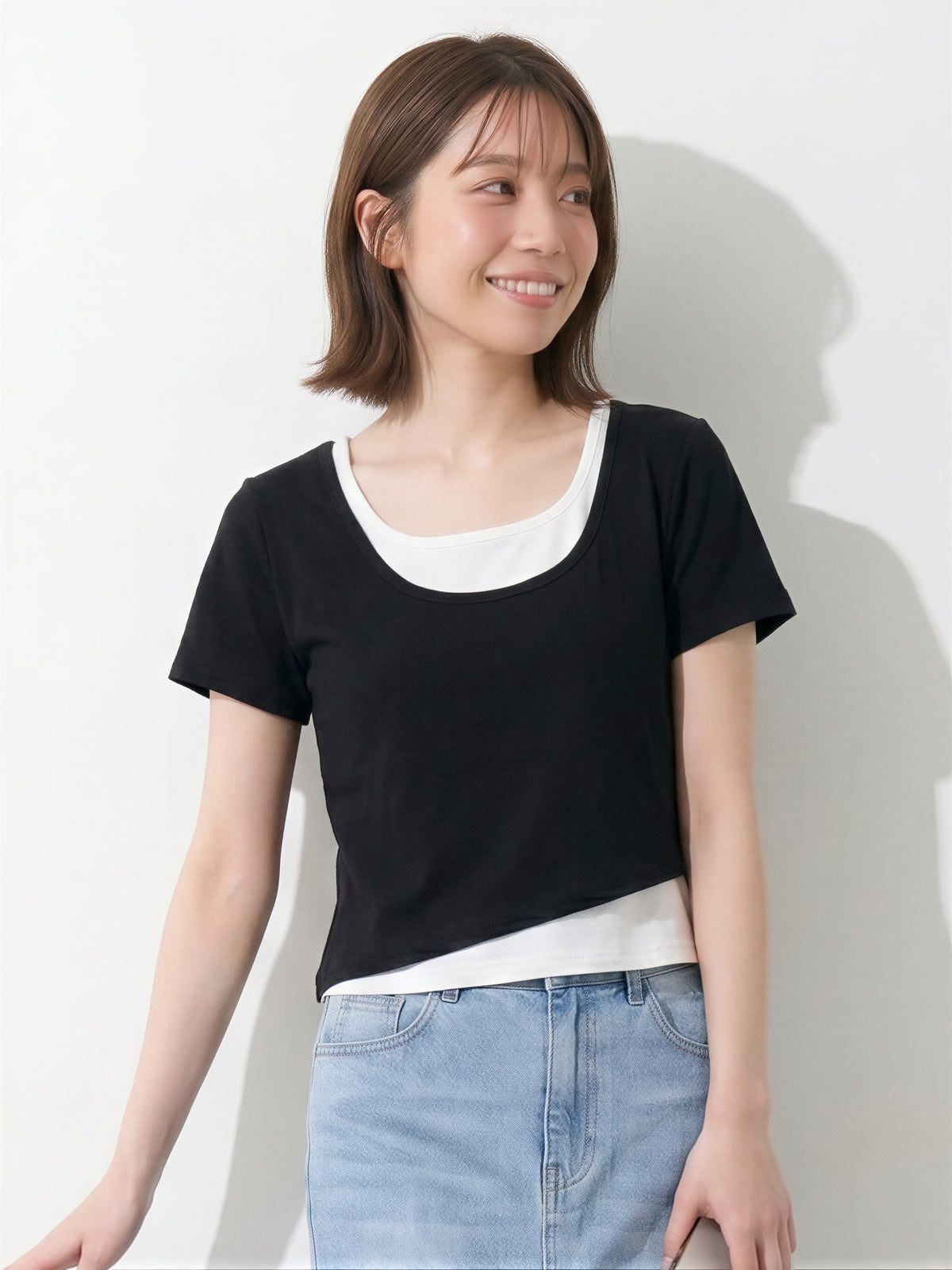 配色切り替え スリム見え フェイクレイヤード 半袖Tシャツ